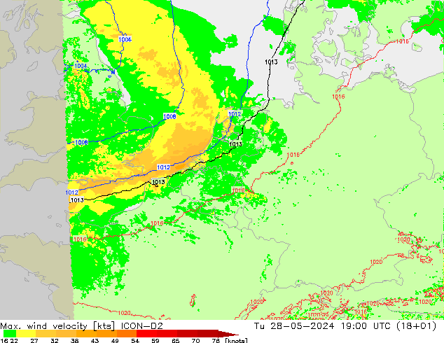 Max. wind velocity ICON-D2 mar 28.05.2024 19 UTC