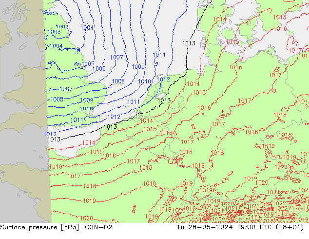 Surface pressure ICON-D2 Tu 28.05.2024 19 UTC