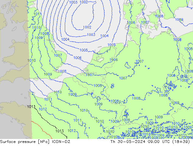 pressão do solo ICON-D2 Qui 30.05.2024 09 UTC