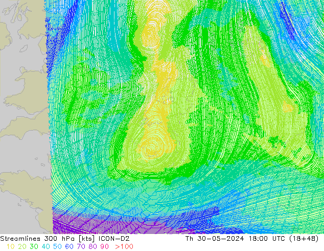 ветер 300 гПа ICON-D2 чт 30.05.2024 18 UTC