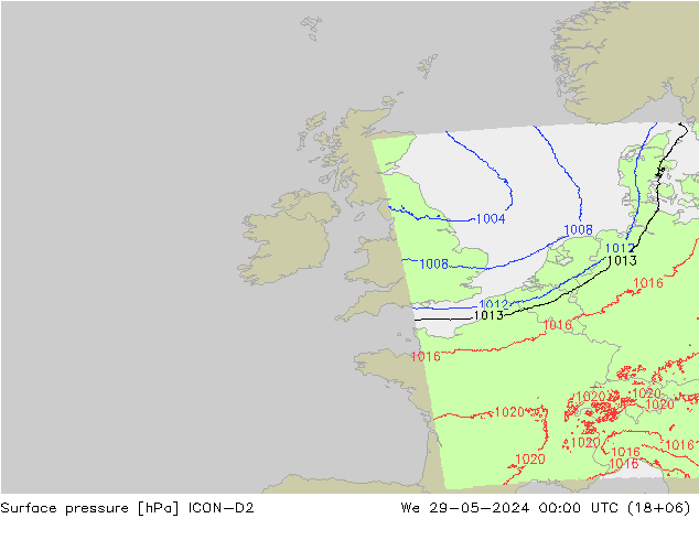 Surface pressure ICON-D2 We 29.05.2024 00 UTC