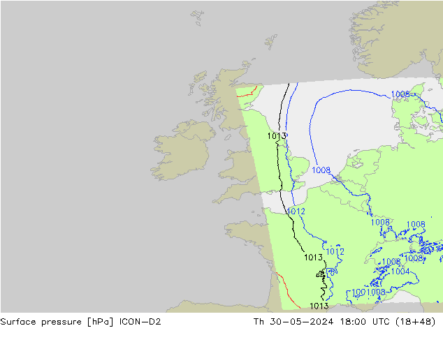 Atmosférický tlak ICON-D2 Čt 30.05.2024 18 UTC