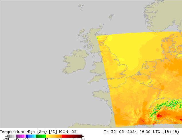 Temperature High (2m) ICON-D2 Th 30.05.2024 18 UTC