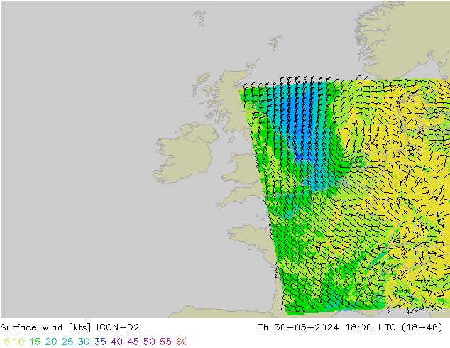 Vent 10 m ICON-D2 jeu 30.05.2024 18 UTC