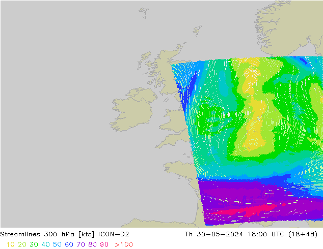 Streamlines 300 hPa ICON-D2 Čt 30.05.2024 18 UTC