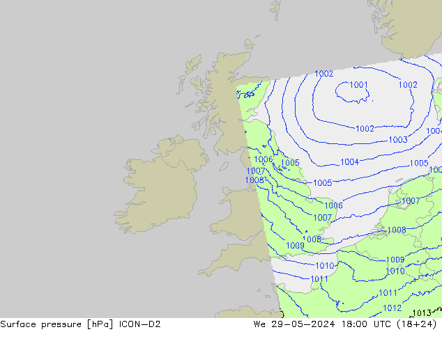 Pressione al suolo ICON-D2 mer 29.05.2024 18 UTC