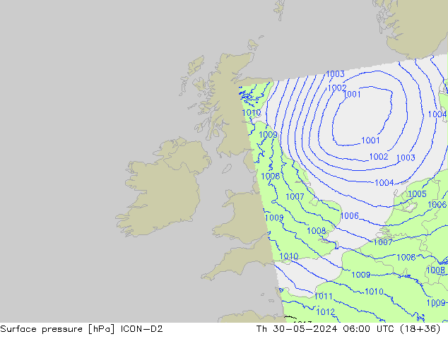 Pressione al suolo ICON-D2 gio 30.05.2024 06 UTC