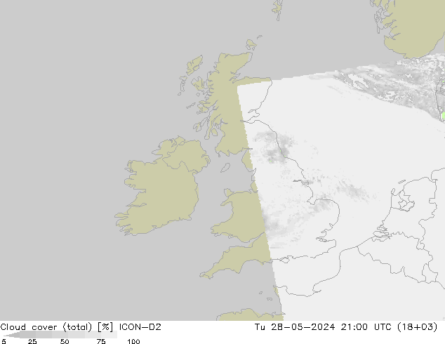 Cloud cover (total) ICON-D2 Tu 28.05.2024 21 UTC