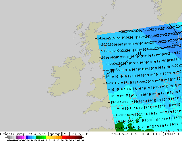 Height/Temp. 500 hPa ICON-D2 Tu 28.05.2024 19 UTC