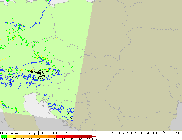 Max. wind velocity ICON-D2 czw. 30.05.2024 00 UTC