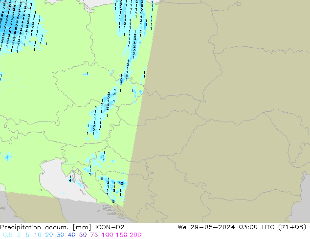 Precipitation accum. ICON-D2 We 29.05.2024 03 UTC