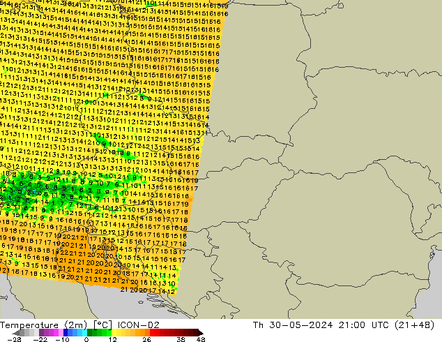Temperatuurkaart (2m) ICON-D2 do 30.05.2024 21 UTC