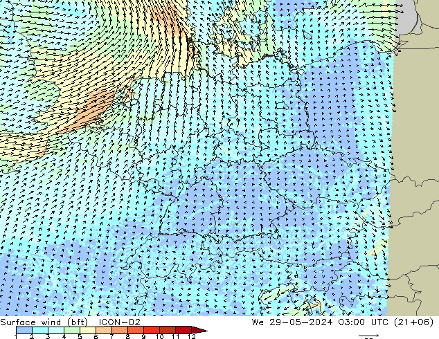 Surface wind (bft) ICON-D2 We 29.05.2024 03 UTC