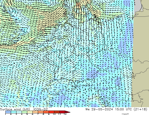 Vento 10 m (bft) ICON-D2 mer 29.05.2024 15 UTC
