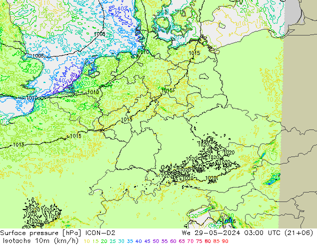 Isotachs (kph) ICON-D2 mer 29.05.2024 03 UTC