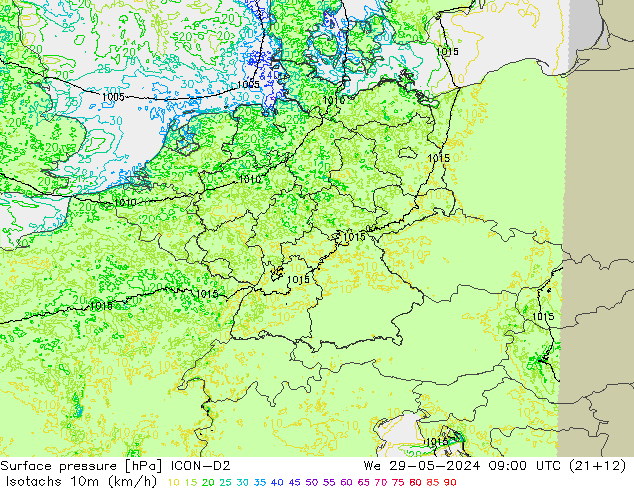 Isotachs (kph) ICON-D2 We 29.05.2024 09 UTC