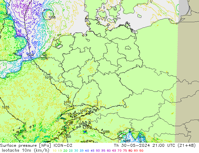 Isotachen (km/h) ICON-D2 Do 30.05.2024 21 UTC