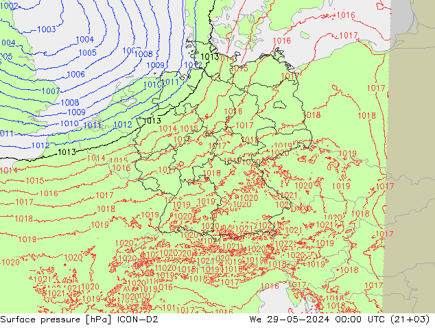 Surface pressure ICON-D2 We 29.05.2024 00 UTC