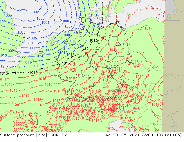 Presión superficial ICON-D2 mié 29.05.2024 03 UTC