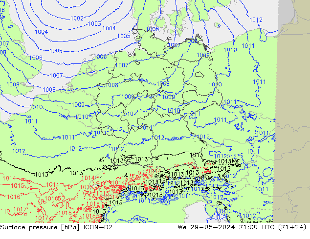 Surface pressure ICON-D2 We 29.05.2024 21 UTC