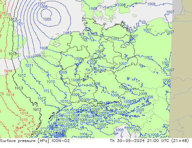 Atmosférický tlak ICON-D2 Čt 30.05.2024 21 UTC
