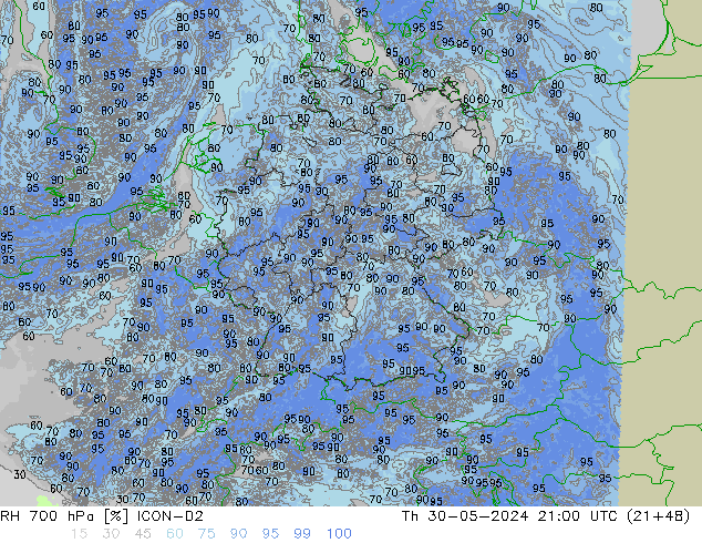 RH 700 hPa ICON-D2 Qui 30.05.2024 21 UTC