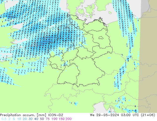 Précipitation accum. ICON-D2 mer 29.05.2024 03 UTC