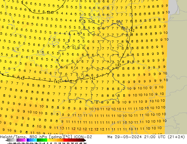 Height/Temp. 850 hPa ICON-D2  29.05.2024 21 UTC