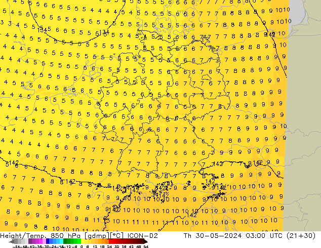 Height/Temp. 850 hPa ICON-D2 czw. 30.05.2024 03 UTC