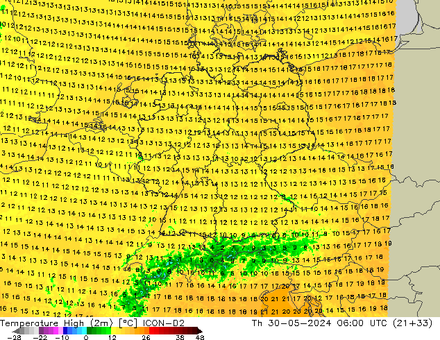 Nejvyšší teplota (2m) ICON-D2 Čt 30.05.2024 06 UTC