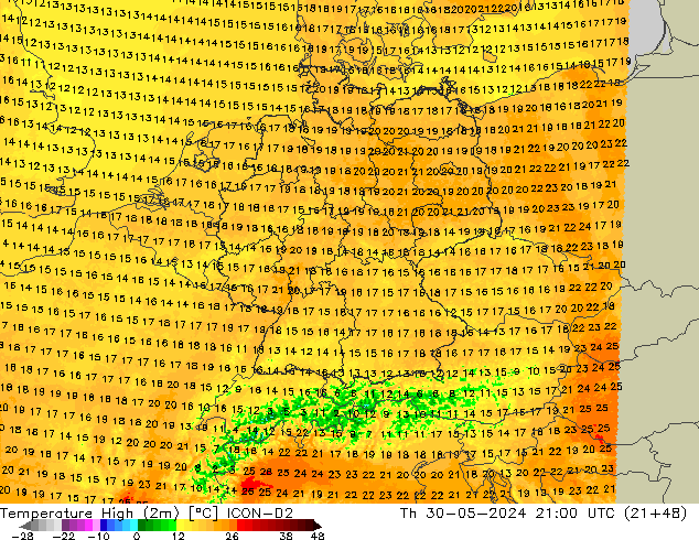 Темпер. макс 2т ICON-D2 чт 30.05.2024 21 UTC