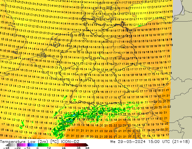 temperatura mín. (2m) ICON-D2 Qua 29.05.2024 15 UTC