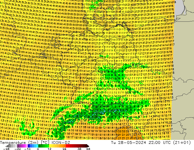 Temperature (2m) ICON-D2 Út 28.05.2024 22 UTC