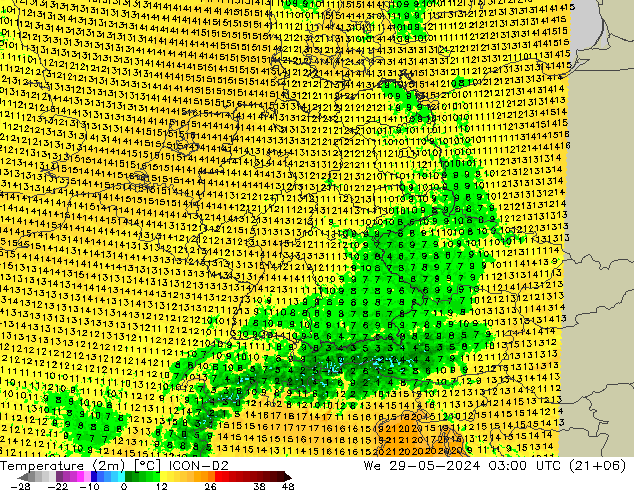 Temperature (2m) ICON-D2 We 29.05.2024 03 UTC