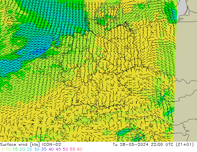 Vent 10 m ICON-D2 mar 28.05.2024 22 UTC