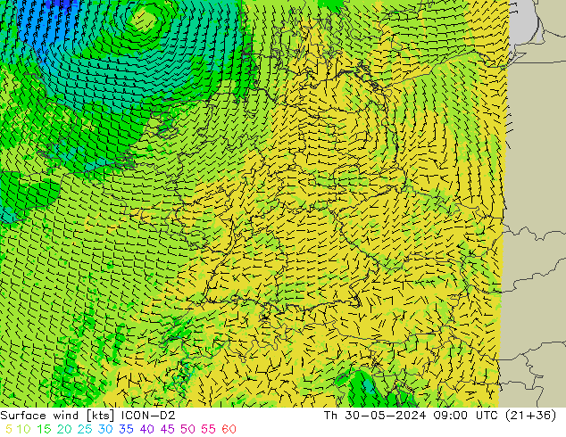 Wind 10 m ICON-D2 do 30.05.2024 09 UTC