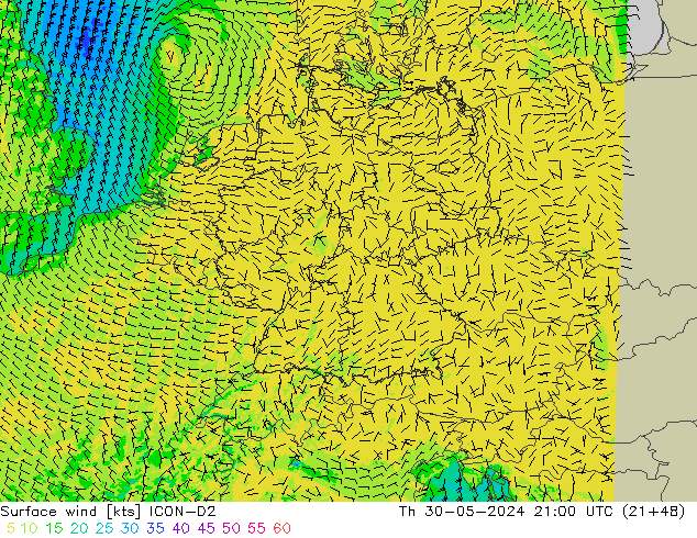 Surface wind ICON-D2 Čt 30.05.2024 21 UTC