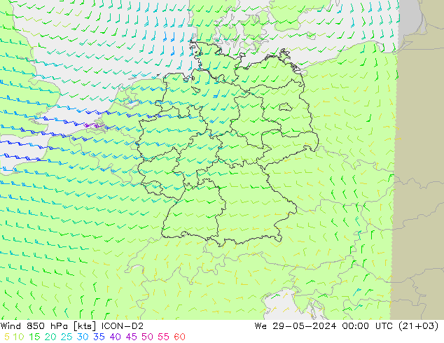 Vent 850 hPa ICON-D2 mer 29.05.2024 00 UTC