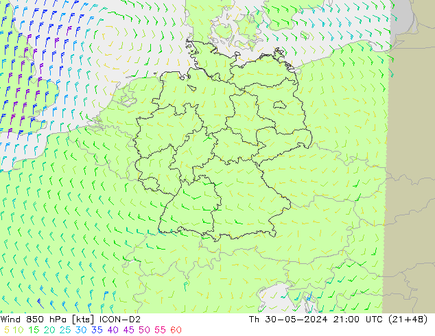 Wind 850 hPa ICON-D2 do 30.05.2024 21 UTC