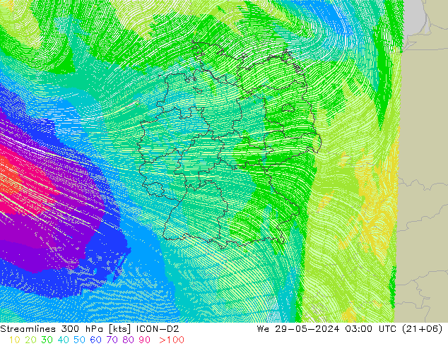 Stroomlijn 300 hPa ICON-D2 wo 29.05.2024 03 UTC