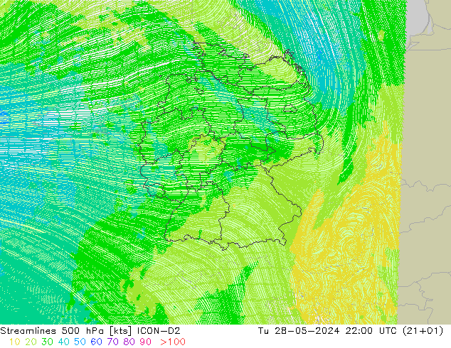 Stromlinien 500 hPa ICON-D2 Di 28.05.2024 22 UTC