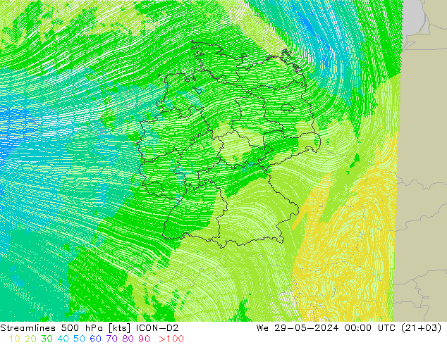 风 500 hPa ICON-D2 星期三 29.05.2024 00 UTC