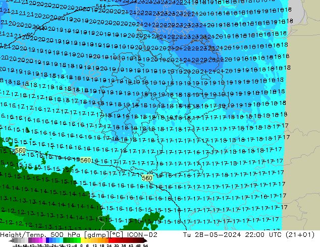 Height/Temp. 500 hPa ICON-D2 Tu 28.05.2024 22 UTC