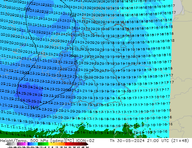 Height/Temp. 500 hPa ICON-D2 czw. 30.05.2024 21 UTC