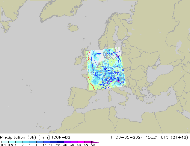 Precipitation (6h) ICON-D2 Čt 30.05.2024 21 UTC