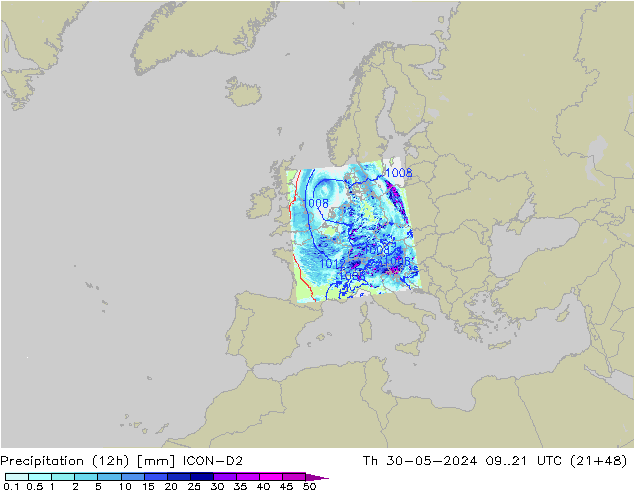 Precipitazione (12h) ICON-D2 gio 30.05.2024 21 UTC