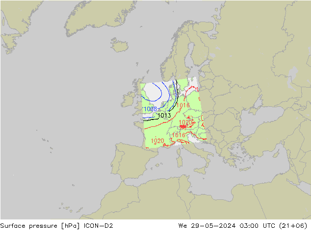 Luchtdruk (Grond) ICON-D2 wo 29.05.2024 03 UTC