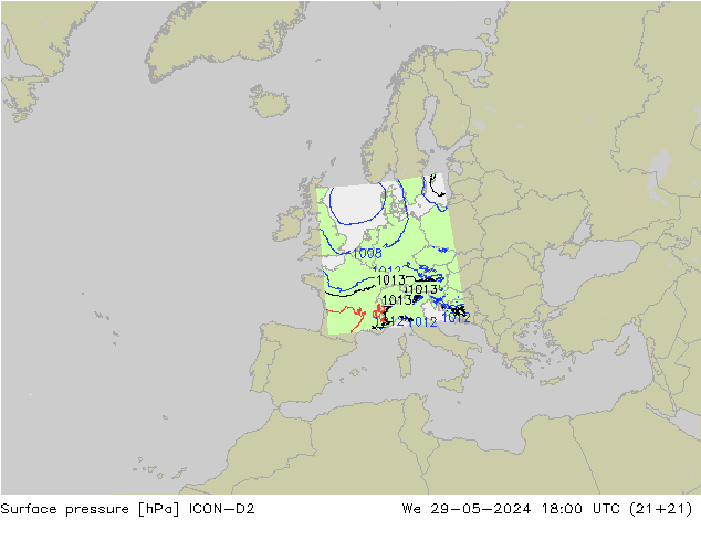 Surface pressure ICON-D2 We 29.05.2024 18 UTC