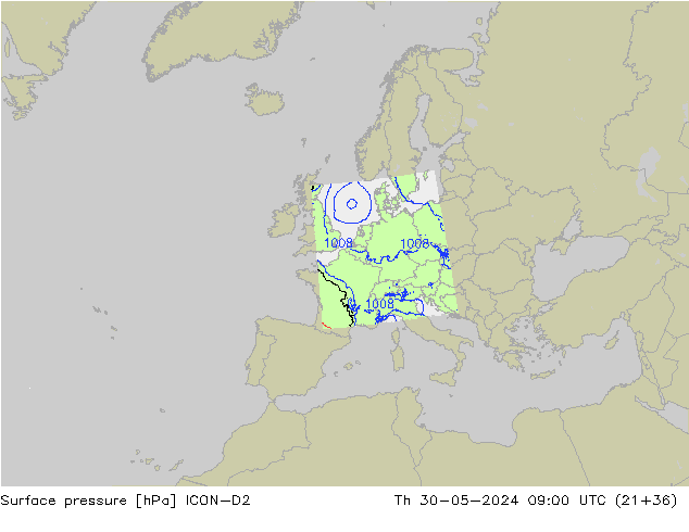 Surface pressure ICON-D2 Th 30.05.2024 09 UTC