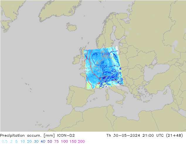 Precipitation accum. ICON-D2 gio 30.05.2024 21 UTC